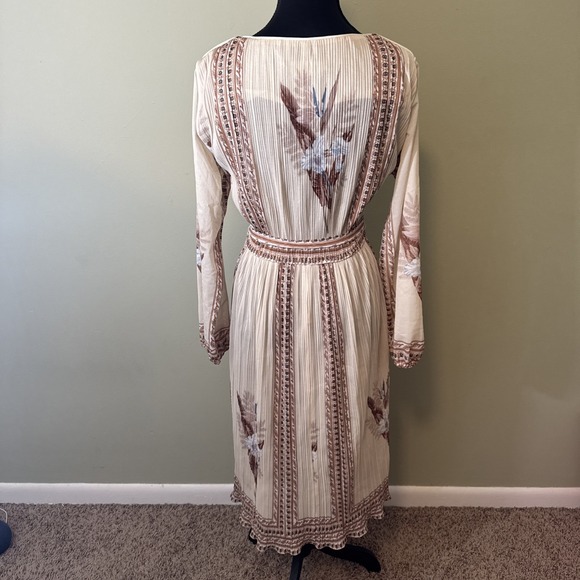 Vintage Hal Ferman Dress 1970s Boho Cream Brown Floral Sheer Long Sleeve Size 8 - Picture 5 of 10